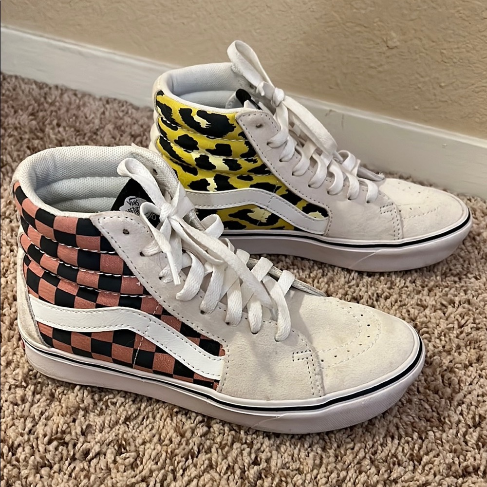 Vans High-Top Sneakers with Yellow Leopard and Pink Checkerboard